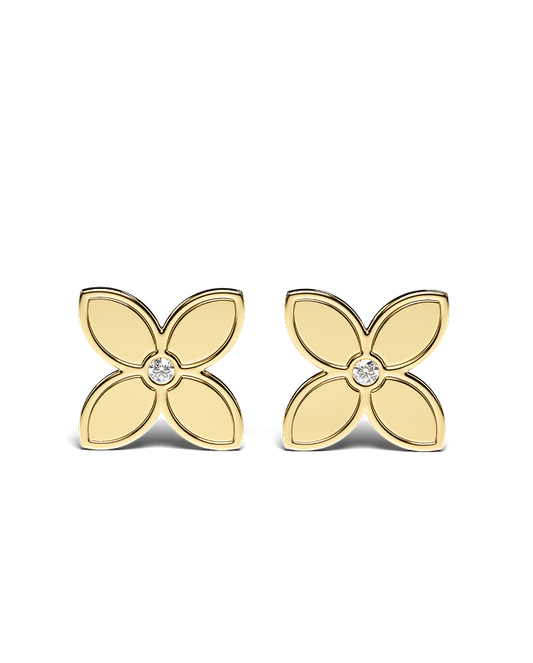 Yellow Gold Floral Earrings with Black Enamel and Diamonds