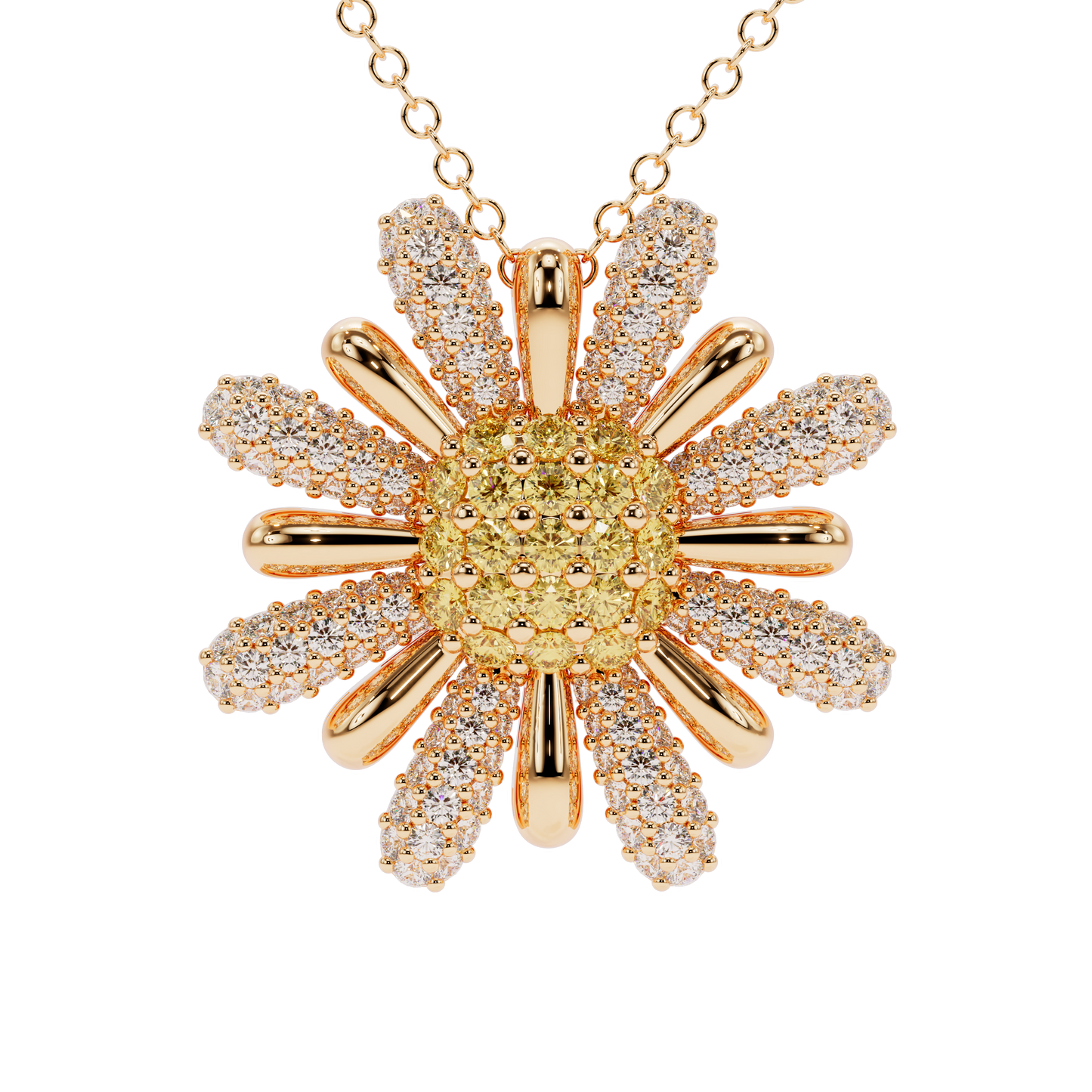 Yellow & White Diamond Daisy Pendant Necklace