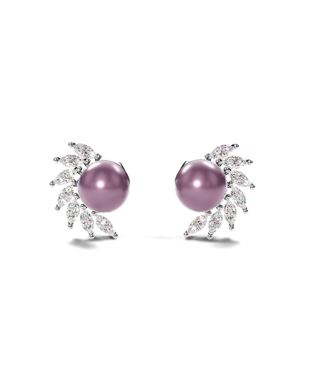 White Gold Stud Earrings with Peacock Pearls and Marquise Diamonds