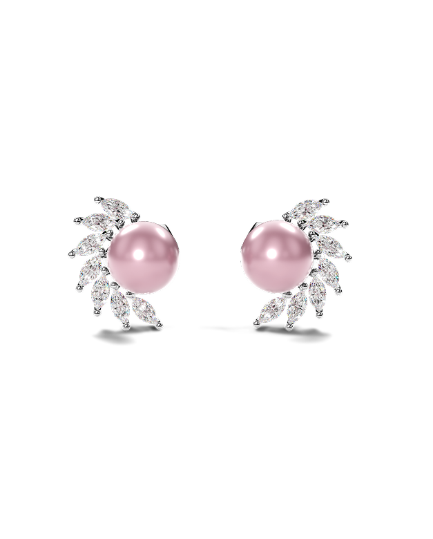White Gold Stud Earrings with Peacock Pearls and Marquise Diamonds