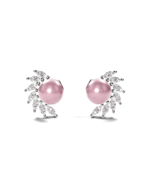 White Gold Stud Earrings with Peacock Pearls and Marquise Diamonds