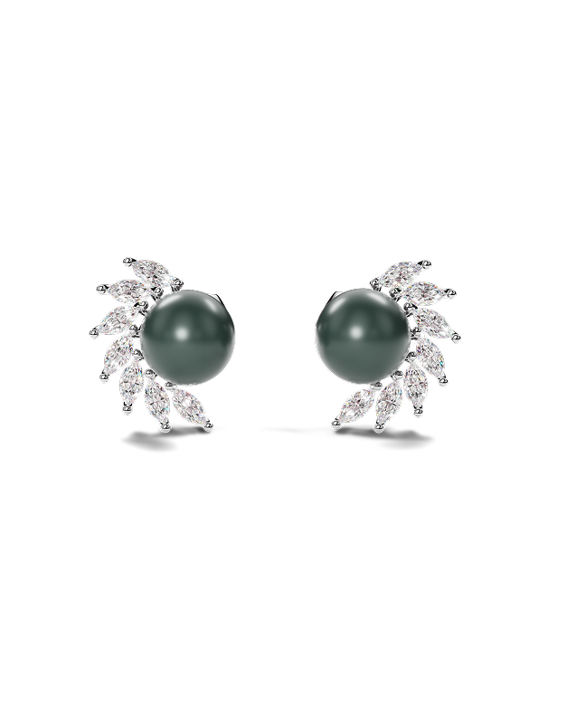 White Gold Stud Earrings with Peacock Pearls and Marquise Diamonds