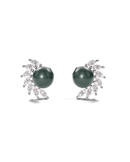 White Gold Stud Earrings with Peacock Pearls and Marquise Diamonds