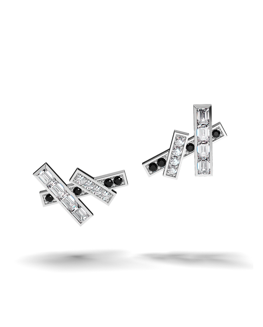 White Gold Stud Earrings with Black and White Diamonds