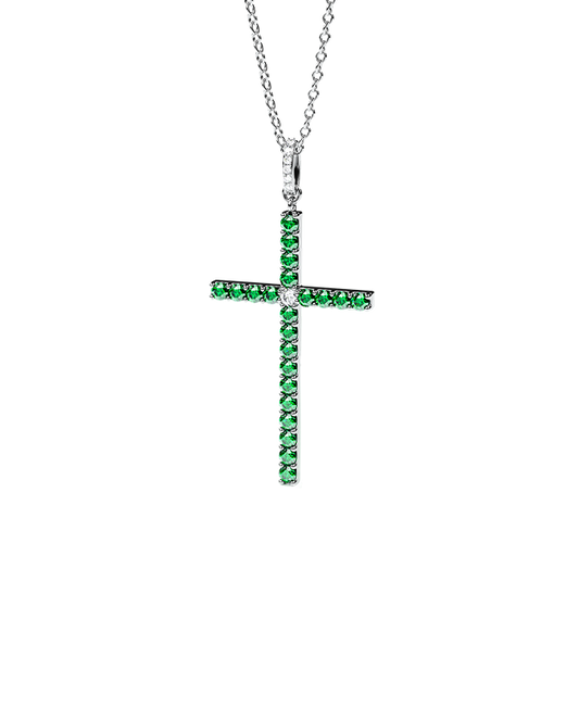 White Gold Cross Pendant with Emeralds