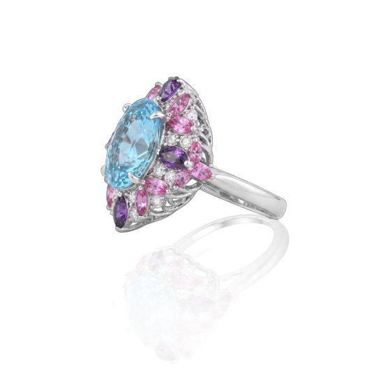 18kt White Gold Multi-Gemstone Cluster Statement Ring Aurora