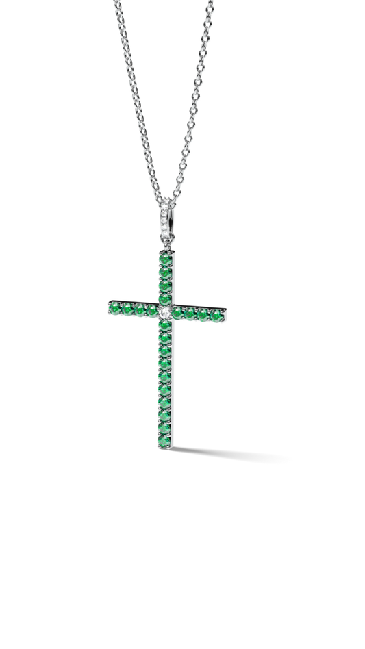 White Gold Cross Pendant with Emeralds