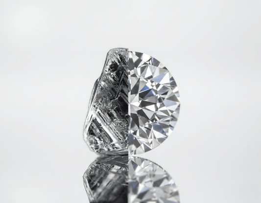 A side-by-side comparison of a raw, natural diamond and a masterfully polished brilliant-cut diamond by Rebecca's Heritage