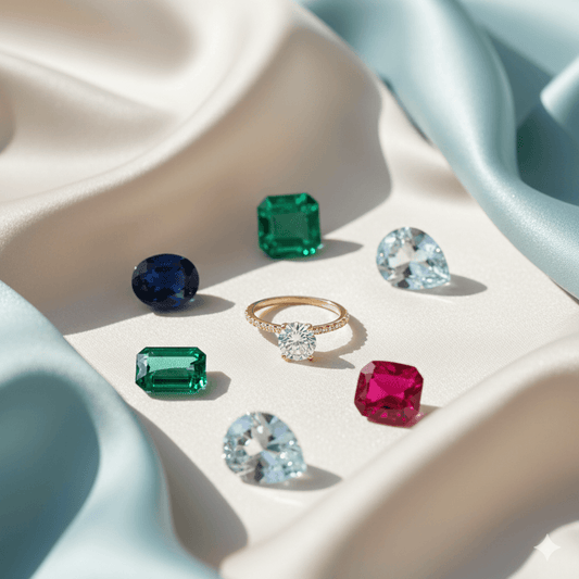 A curated collection of natural precious gemstones and a bespoke diamond ring, reflecting the elegant heritage of birthstone jewelry at Rebecca's Heritage.