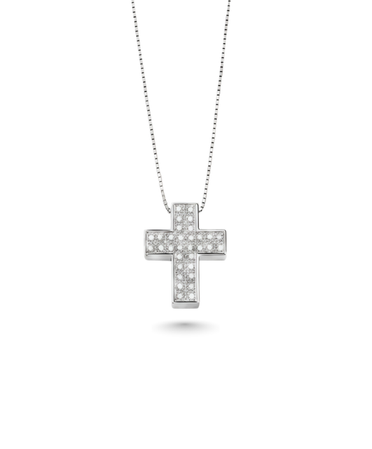 18K White Gold Pave Diamond Cross Pendant Necklace