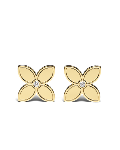Yellow Gold Floral Earrings with Black Enamel and Diamonds