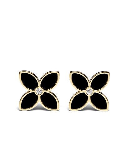 Yellow Gold Floral Earrings with Black Enamel and Diamonds