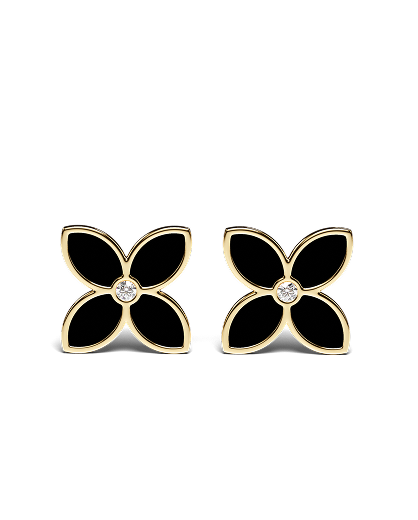 Yellow Gold Floral Earrings with Black Enamel and Diamonds