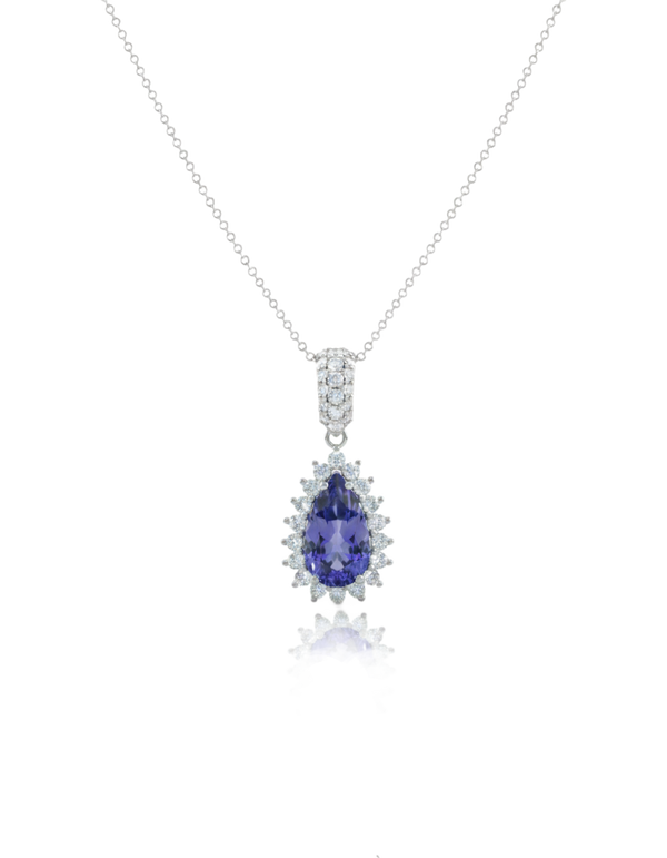 18kt White Gold Pear-Cut Tanzanite & Diamond Halo Necklace