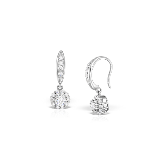 1.ct Diamond Halo Drop Earrings | 14k White Gold & Secure Leverback Clasp