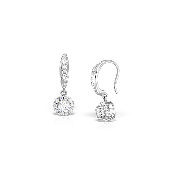 14kt White Gold Radiant Halo Drop Earrings