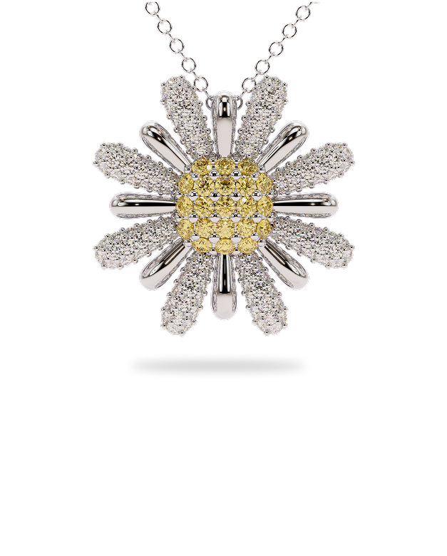 Yellow & White Diamond Daisy Pendant Necklace