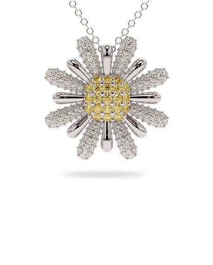 Yellow & White Diamond Daisy Pendant Necklace
