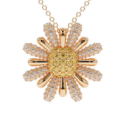 Yellow & White Diamond Daisy Pendant Necklace