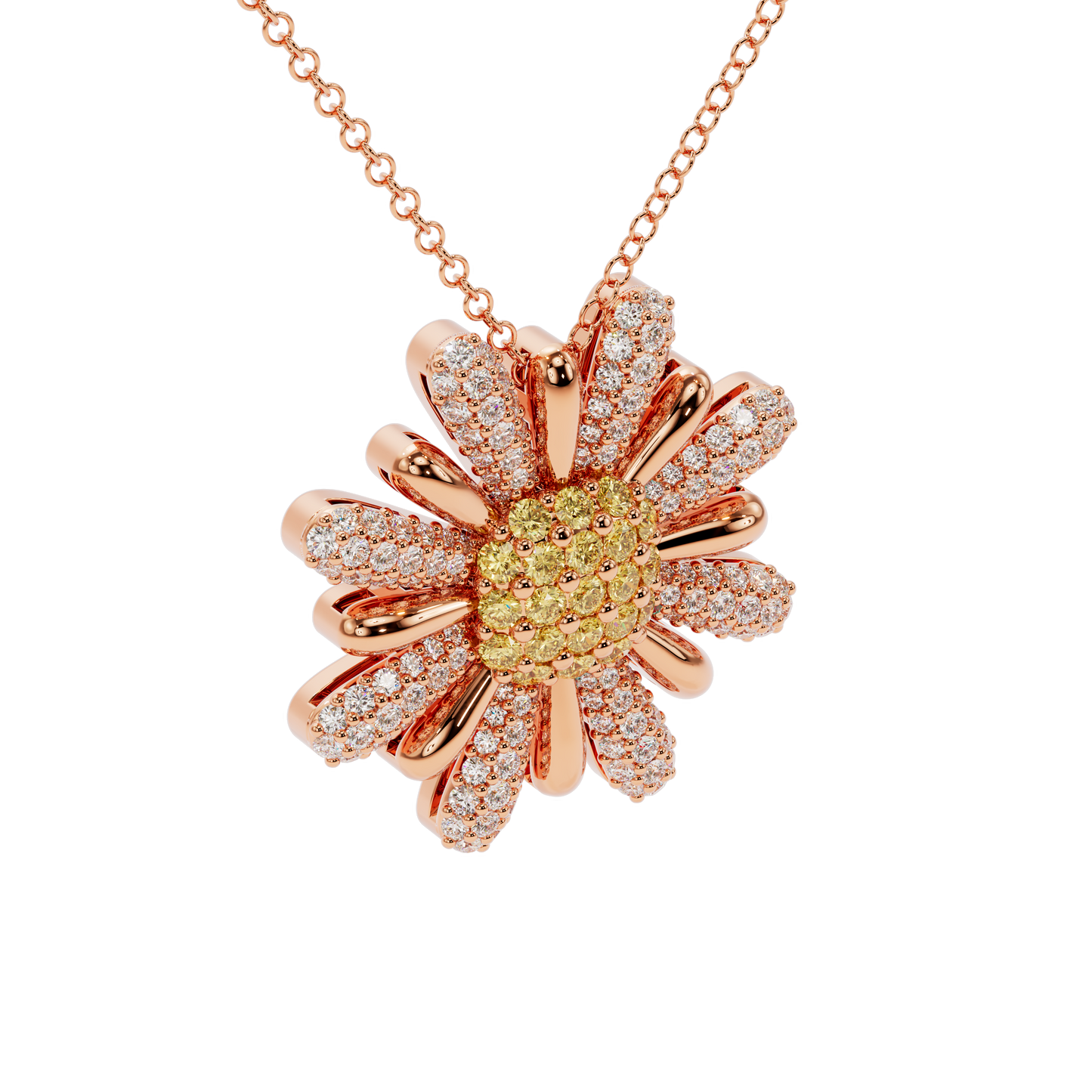 Yellow & White Diamond Daisy Pendant Necklace
