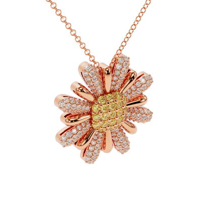 Yellow & White Diamond Daisy Pendant Necklace