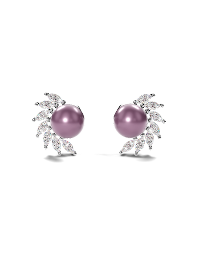 White Gold Stud Earrings with Peacock Pearls and Marquise Diamonds