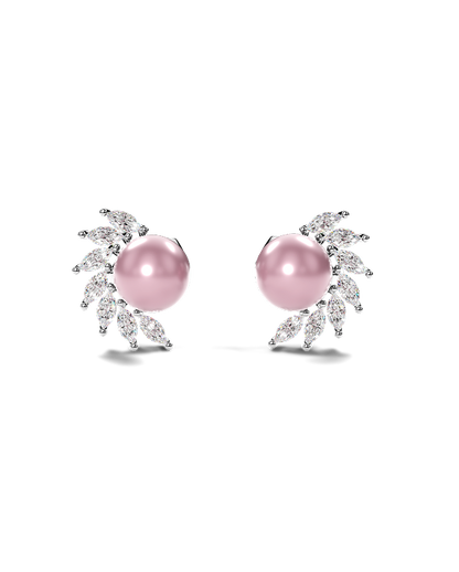 White Gold Stud Earrings with Peacock Pearls and Marquise Diamonds