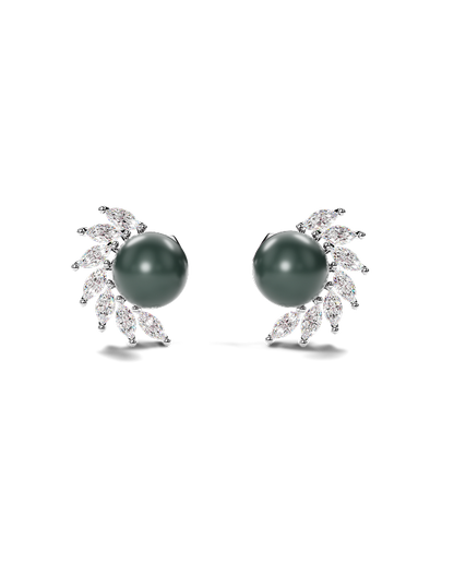 White Gold Stud Earrings with Peacock Pearls and Marquise Diamonds