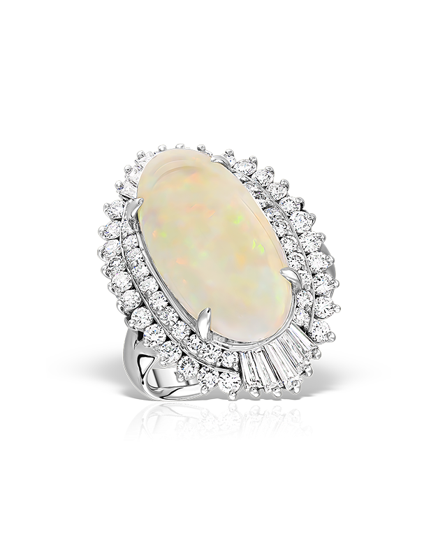 Oval Opal Cabochon & Diamond Halo Ring in 18k White Gold