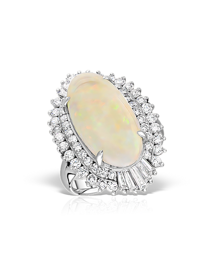 Oval Opal Cabochon & Diamond Halo Ring in 18k White Gold
