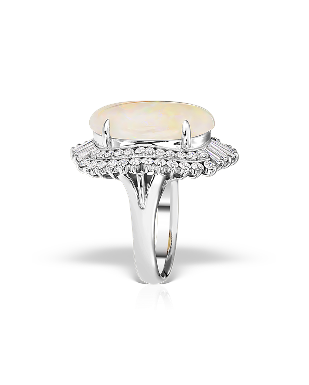 Oval Opal Cabochon & Diamond Halo Ring in 18k White Gold