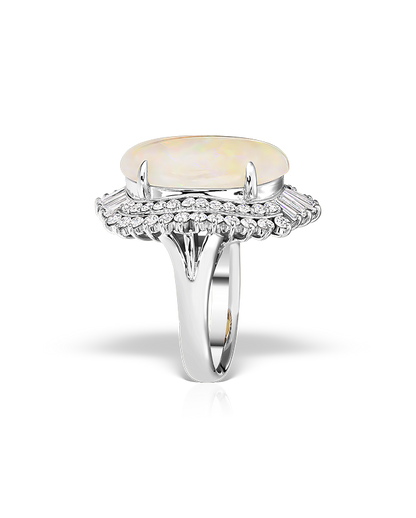 Oval Opal Cabochon & Diamond Halo Ring in 18k White Gold
