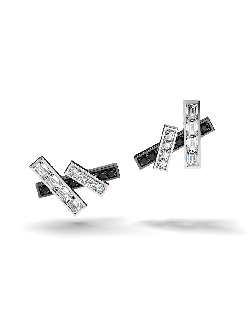 White Gold Stud Earrings with Black and White Diamonds