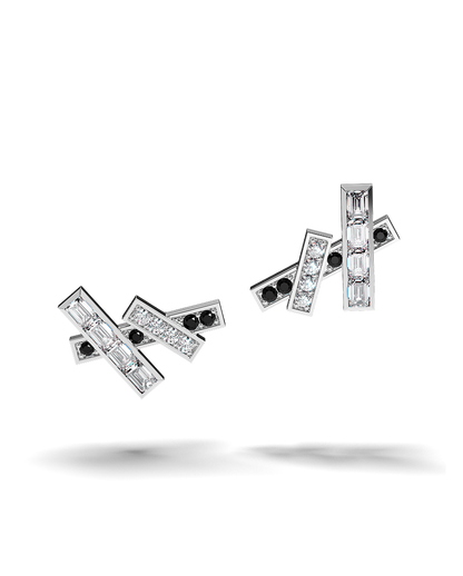 White Gold Stud Earrings with Black and White Diamonds