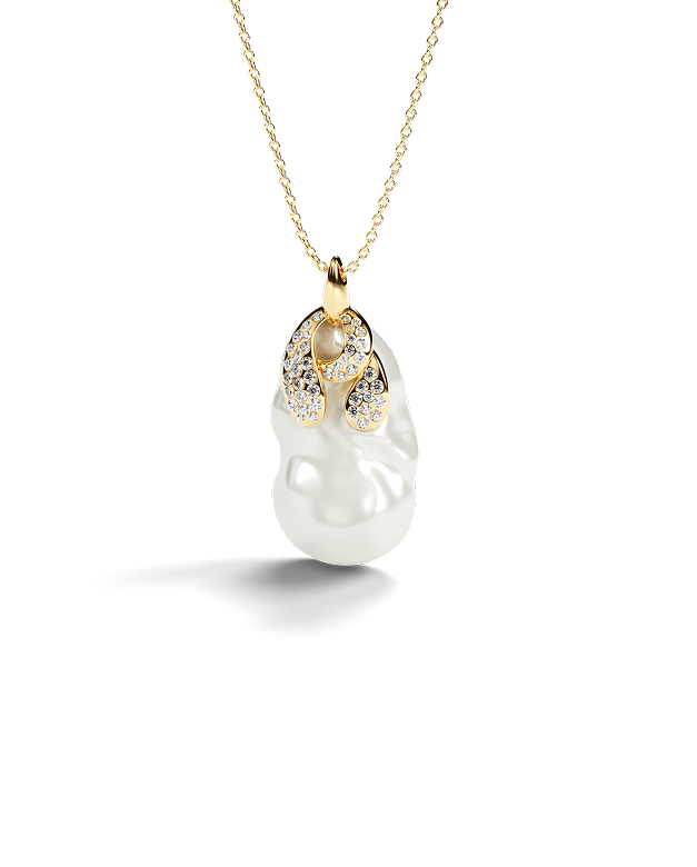 Yellow gold pendant with baroque pearl and pavé white diamonds.