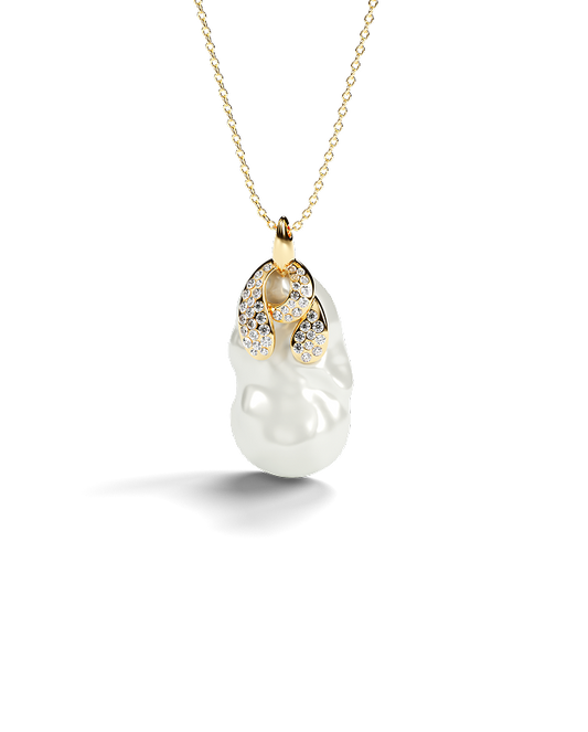 Yellow gold pendant with baroque pearl and pavé white diamonds.