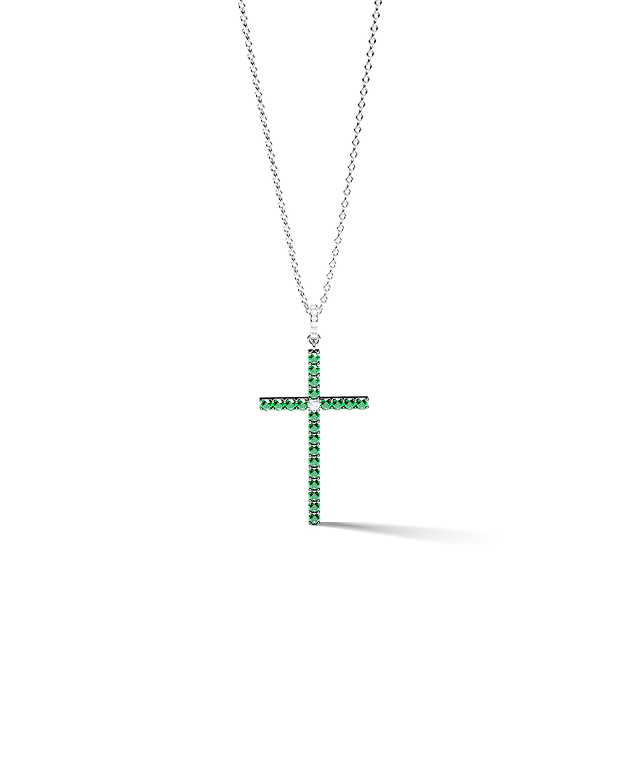 White Gold Cross Pendant with Emeralds