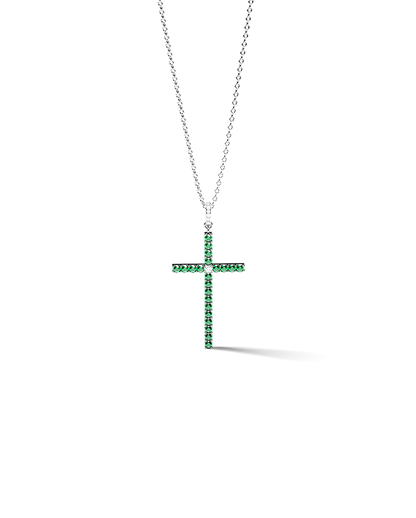 White Gold Cross Pendant with Emeralds