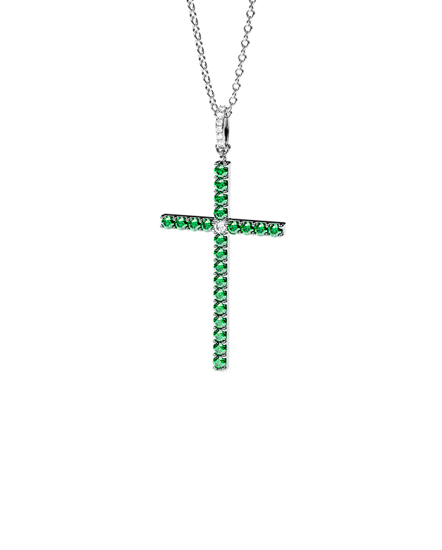 White Gold Cross Pendant with Emeralds