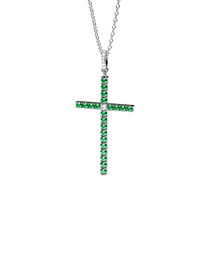 White Gold Cross Pendant with Emeralds