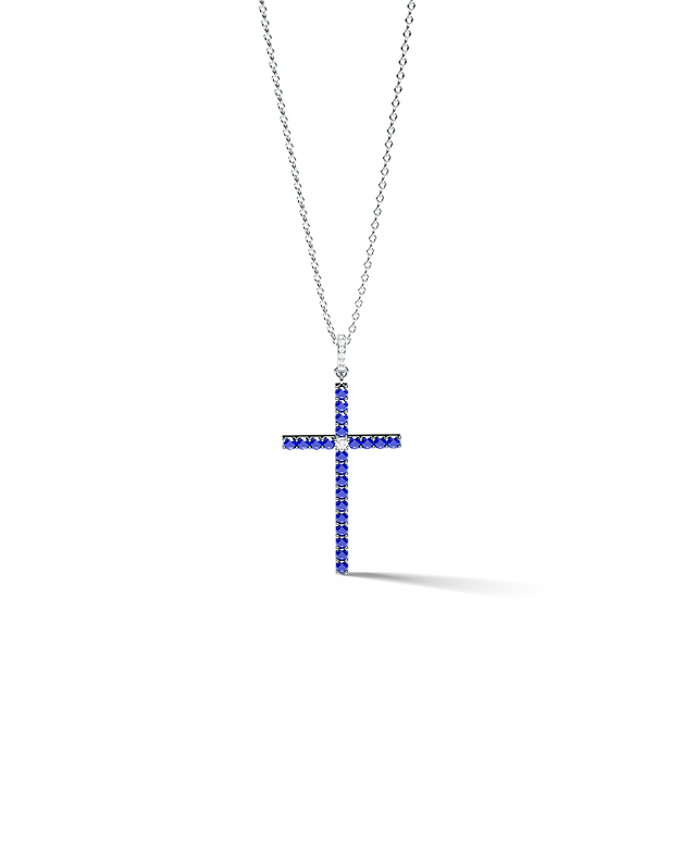 White Gold Cross Pendant with Emeralds