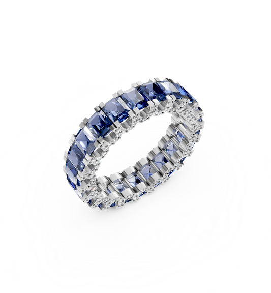 Top view of a 18kt white gold eternity ring set with square-cut natural blue sapphires and round brilliant diamonds on the edges
