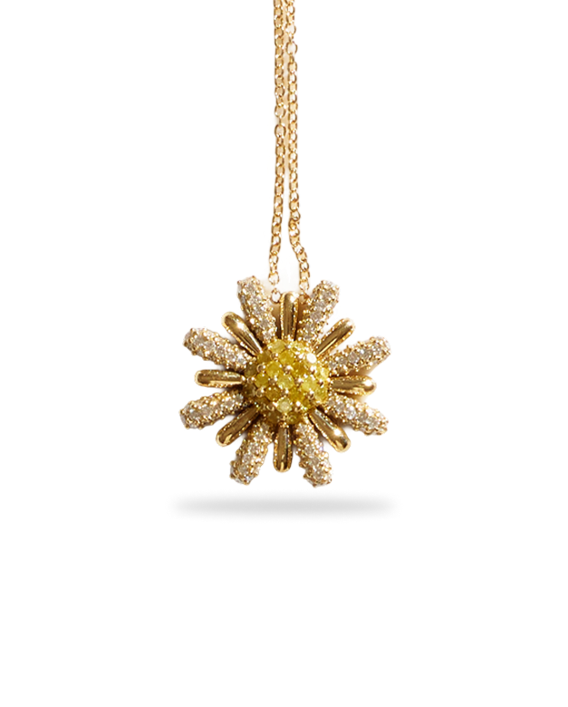 Yellow & White Diamond Daisy Pendant Necklace