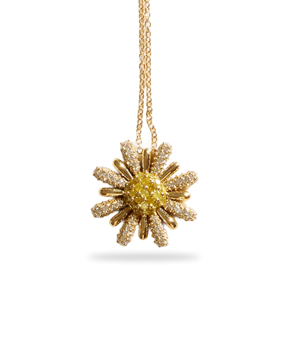Yellow & White Diamond Daisy Pendant Necklace