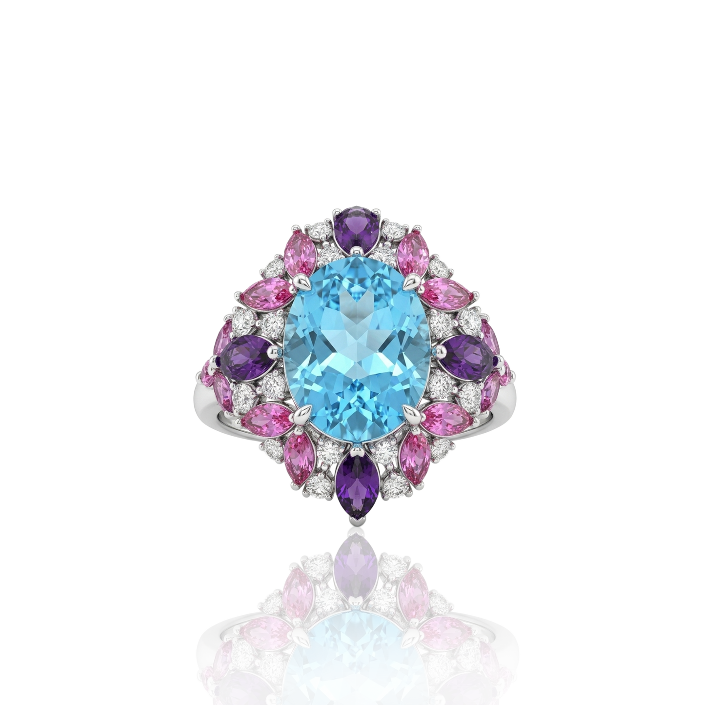Multi-gemstone cluster statement ring featuring a central light-blue oval gemstone surrounded by pink and purple marquise-cut stones and brilliant accent diamonds, masterfully crafted in 18k white gold by Rebecca’s Heritage.