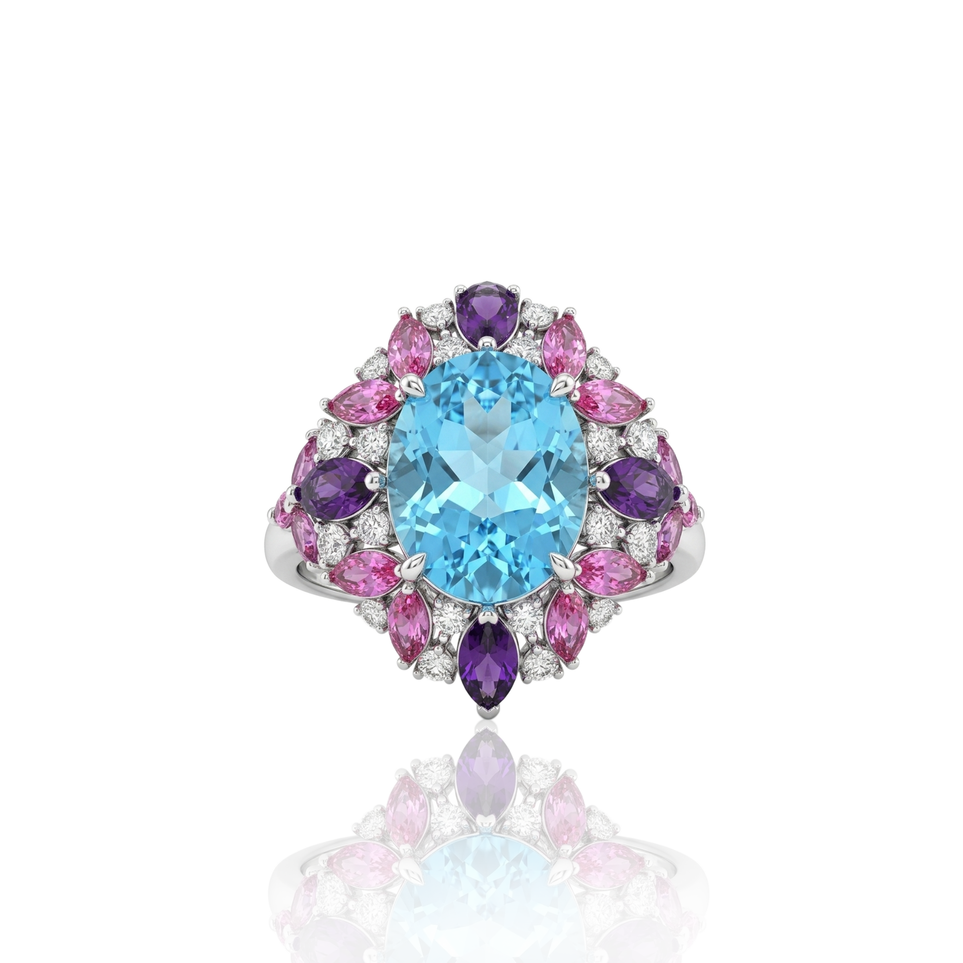 Multi-gemstone cluster statement ring featuring a central light-blue oval gemstone surrounded by pink and purple marquise-cut stones and brilliant accent diamonds, masterfully crafted in 18k white gold by Rebecca’s Heritage.