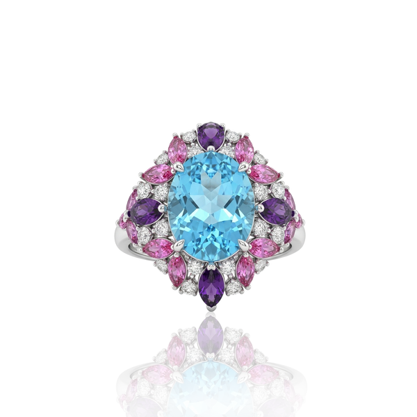 18kt White Gold Multi-Gemstone Cluster Statement Ring Aurora