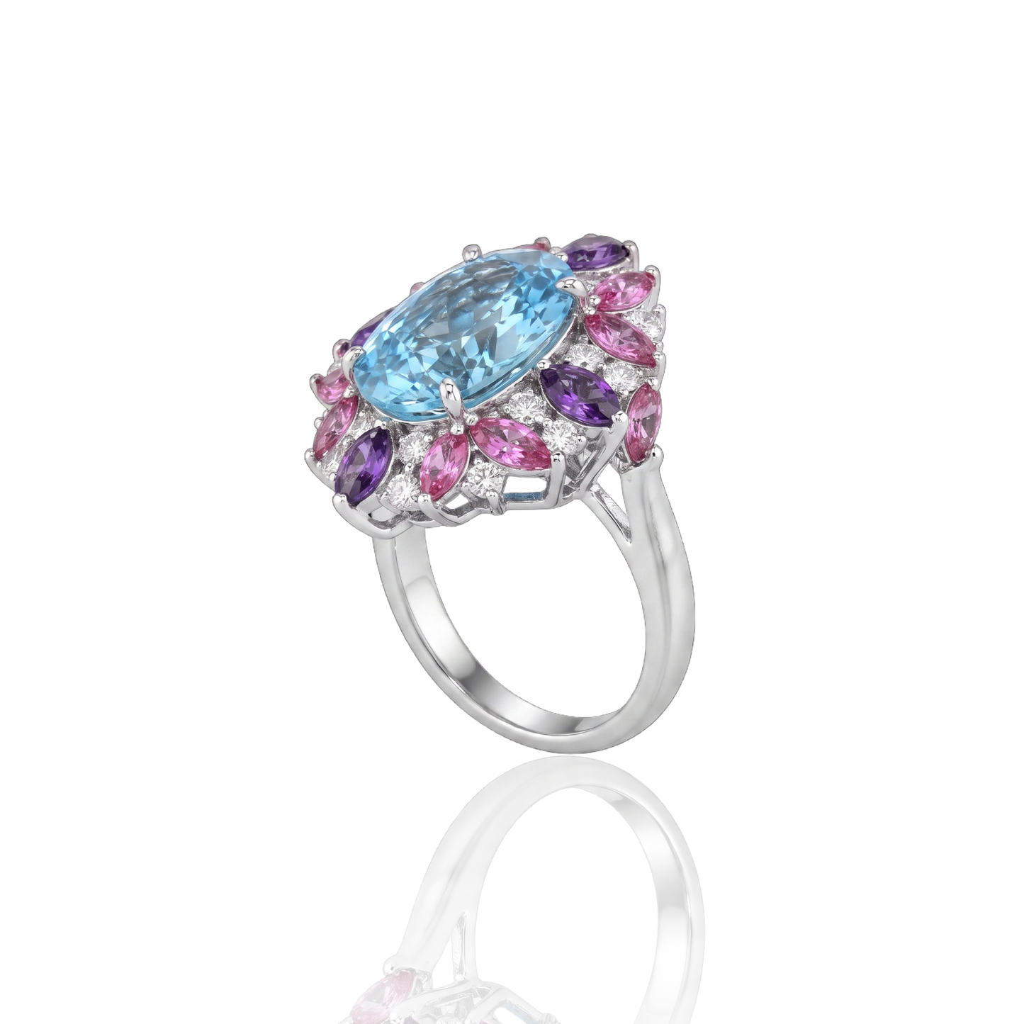 18kt White Gold Multi-Gemstone Cluster Statement Ring Aurora