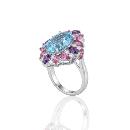18kt White Gold Multi-Gemstone Cluster Statement Ring Aurora