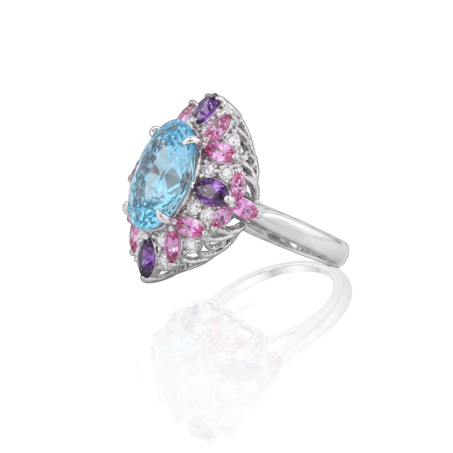18kt White Gold Multi-Gemstone Cluster Statement Ring Aurora